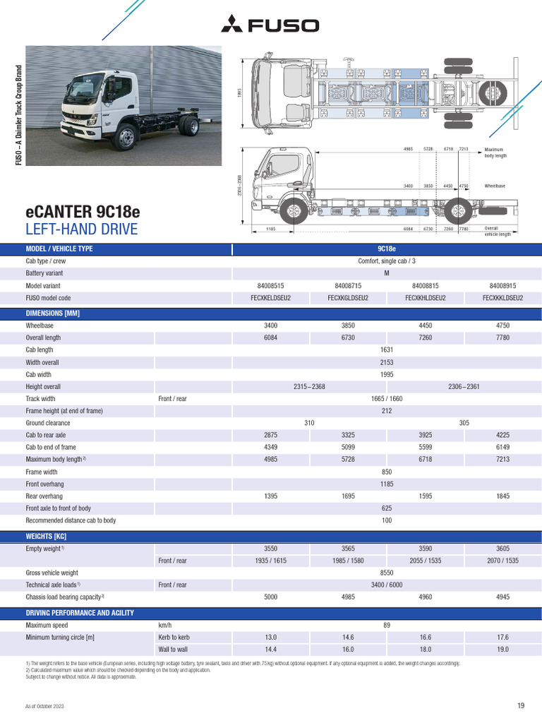 FUSO eCANTER 9C18e Specifications | PDF | Truck | Brake