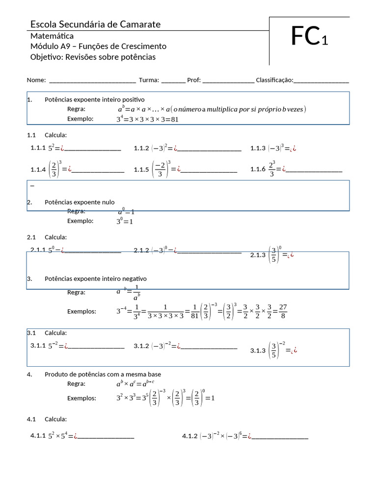 Potências com Expoentes Inteiros | PDF | Exponenciação | Matemática ...
