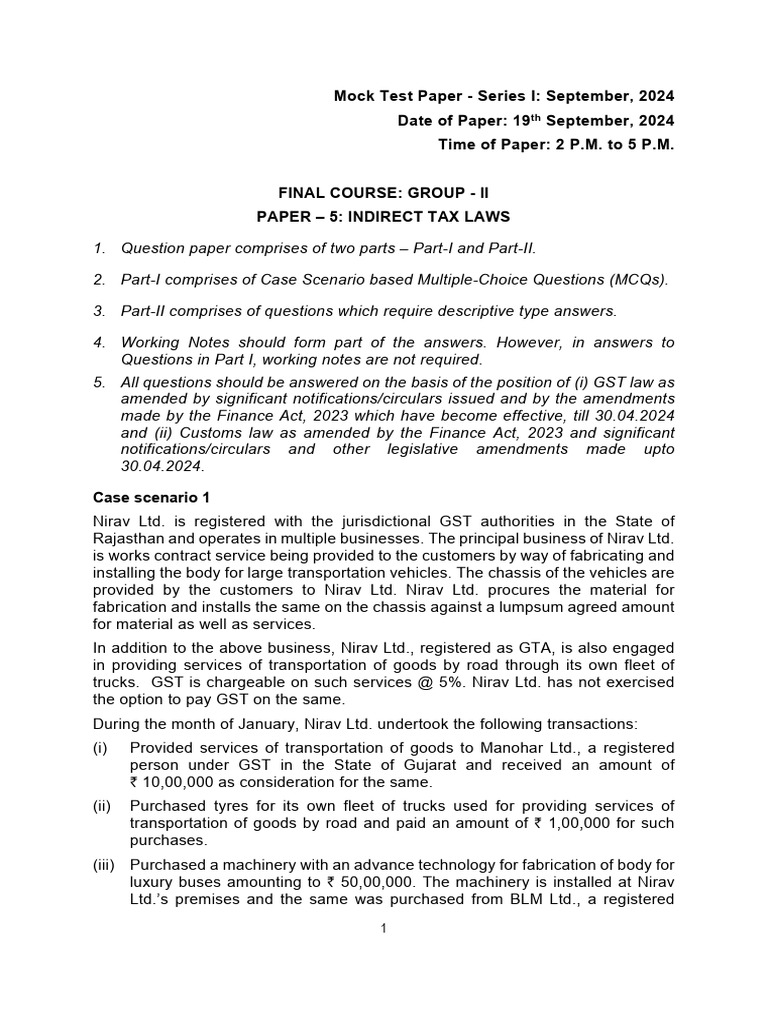 CA Final IDT Mock Test Paper - Sept 2024 | PDF | Value Added Tax | Taxes