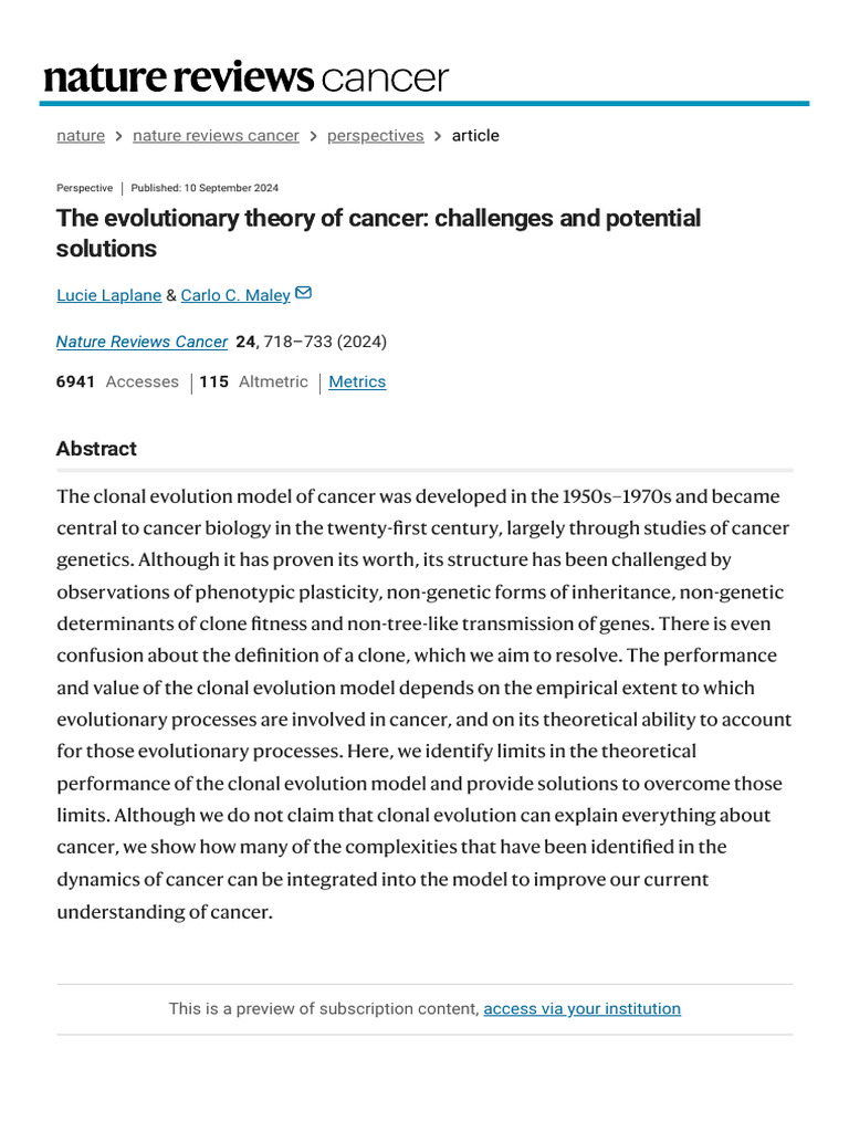The Evolutionary Theory of Cancer - Challenges and Potential Solu | PDF ...