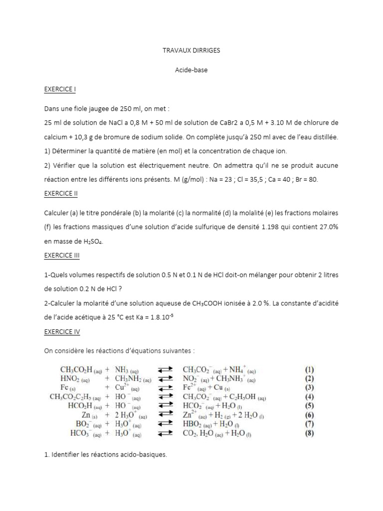 Exercices de chimie : acide-base et redox | PDF | Ph | Concentration ...