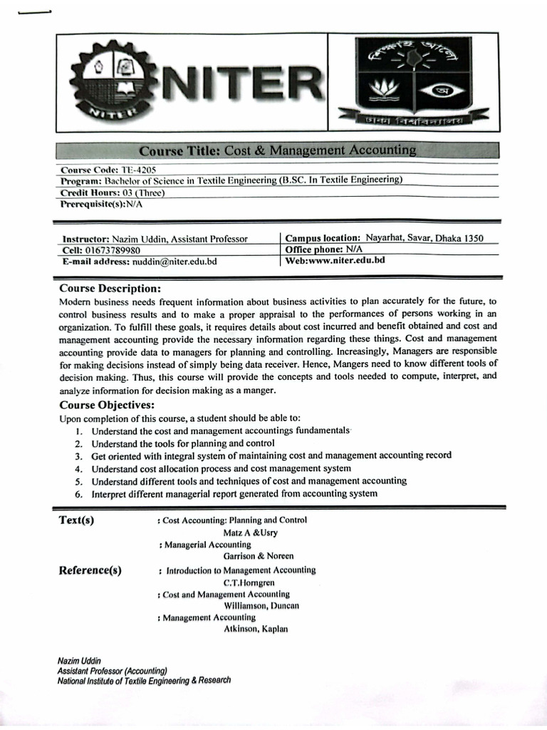 Cost Management Accounting Course Outline Pdf