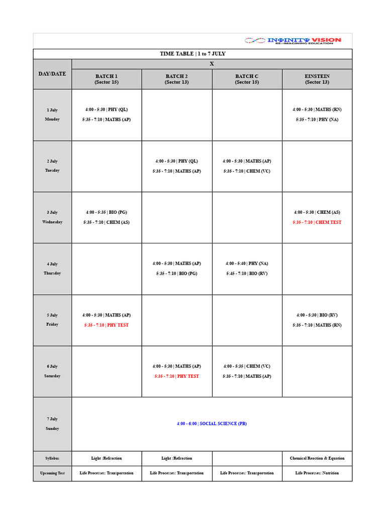 Timetable - 1 To 7 July | PDF