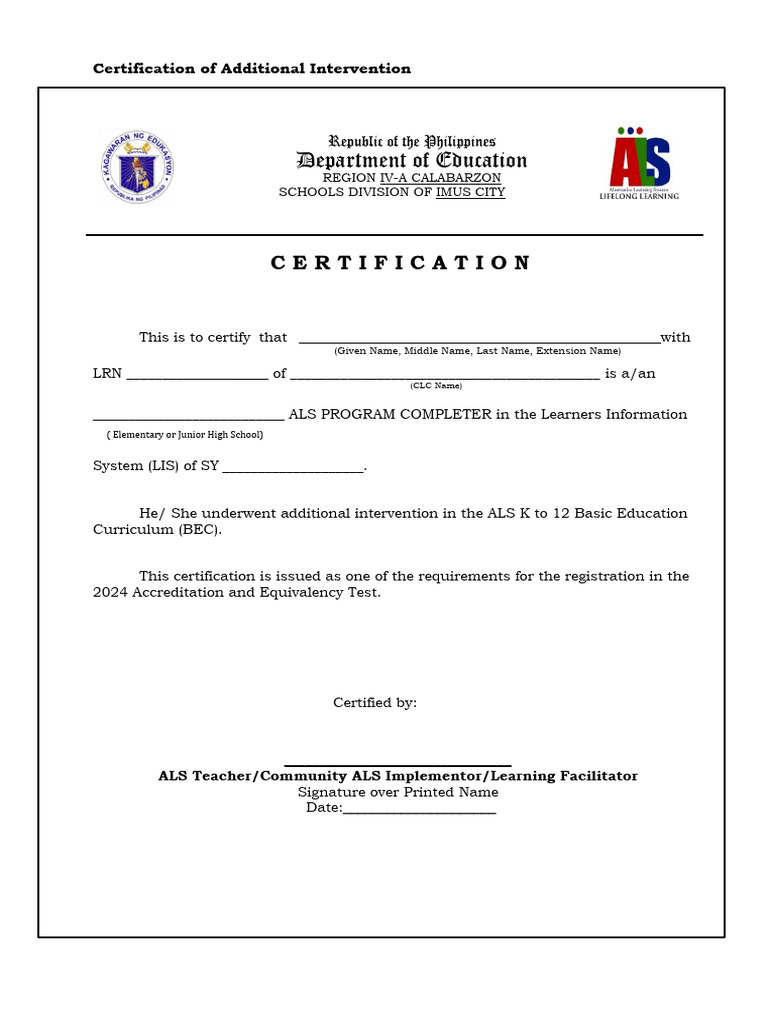 ALS Program Completion Certification | PDF