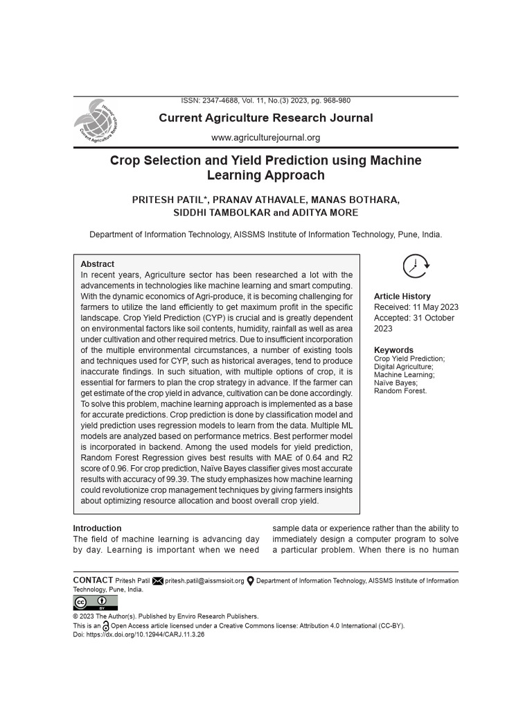 Machine Learning for Crop Yield Prediction | PDF | Machine Learning ...