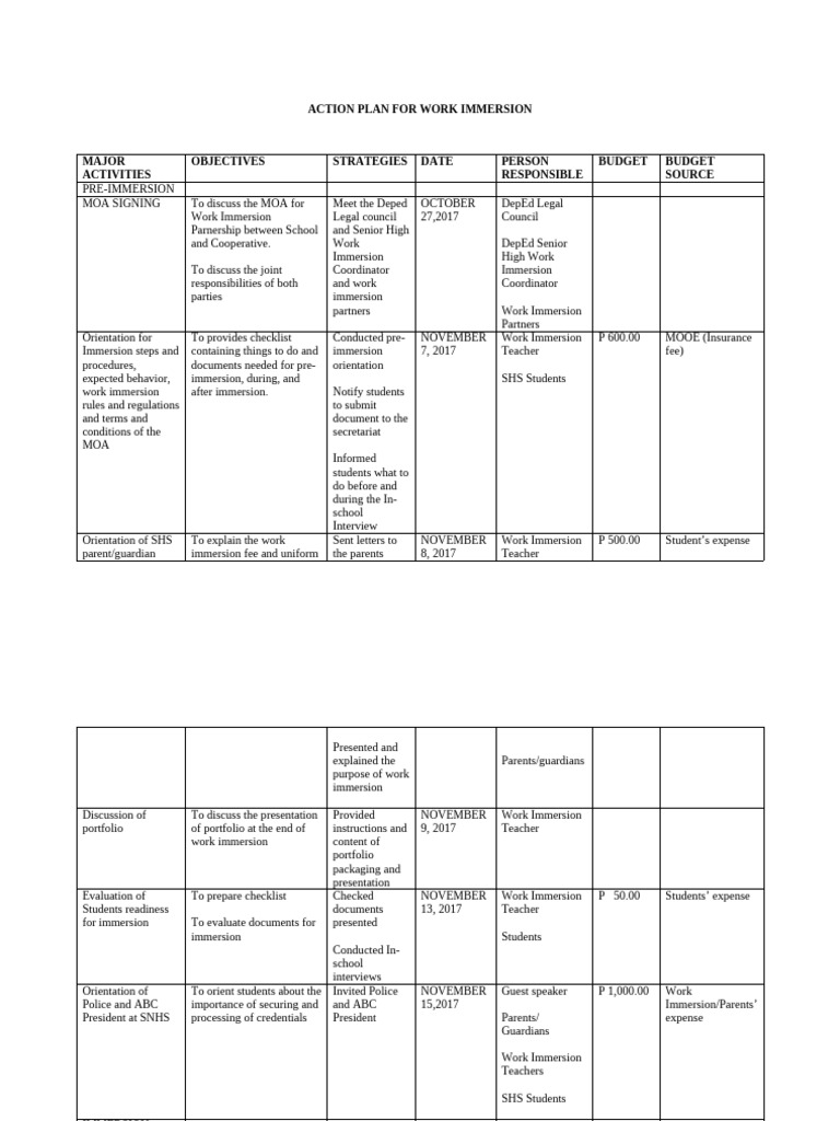 Work Immersion Action Plan Overview | PDF