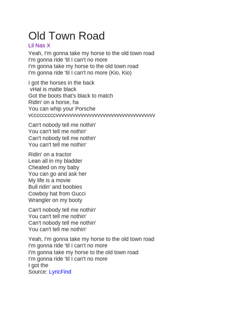 Old Town Road Lyrics by Lil Nas X | PDF | Mystery, Thriller & Crime Fiction