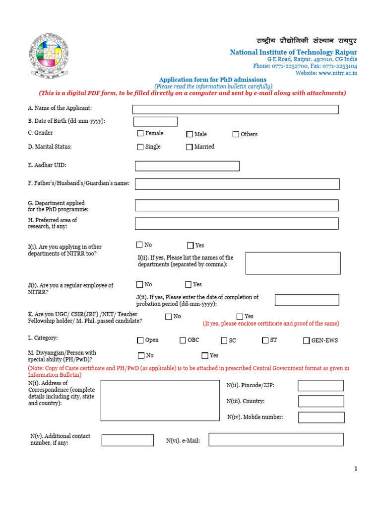 NIT Raipur PhD Admission Application Form | PDF | Doctor Of Philosophy