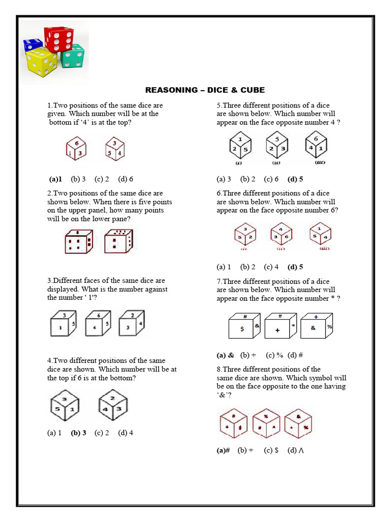 Dice Opposite Faces Reasoning Questions | PDF | Dice | Gaming Devices