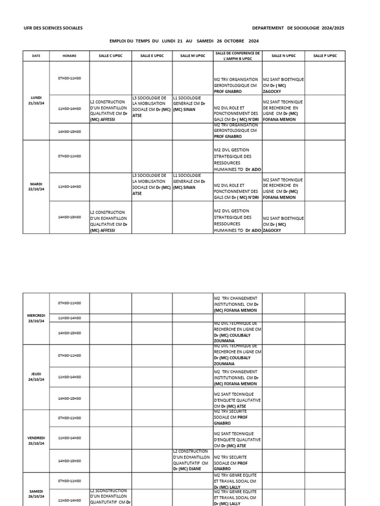 Emploi du temps UPGC 21-26 octobre 2024 | PDF | Enseignement des Arts ...