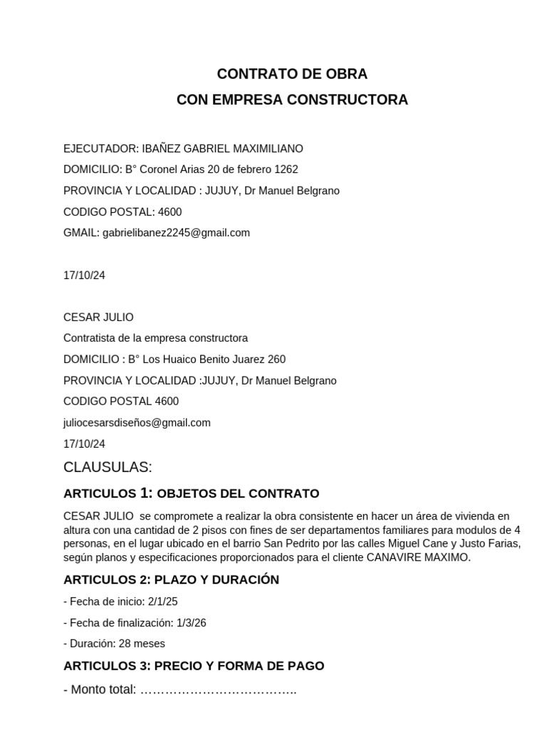CONTRATO DE OBRA CON EMPRESA CONSTRUCTORA | PDF