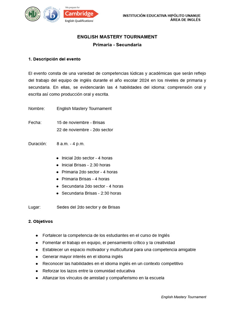 Torneo de Dominio del Inglés 2024 | PDF