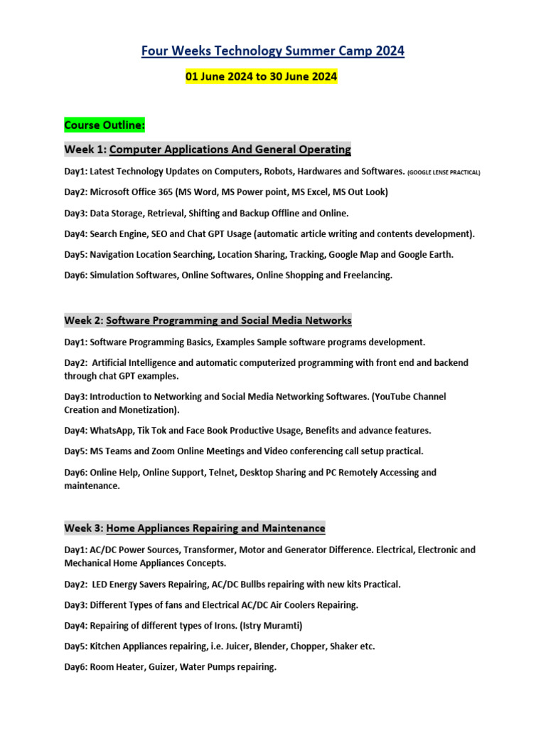 Four Weeks Technology Summer Camp June 2024 in DGKhan | PDF | Computing ...