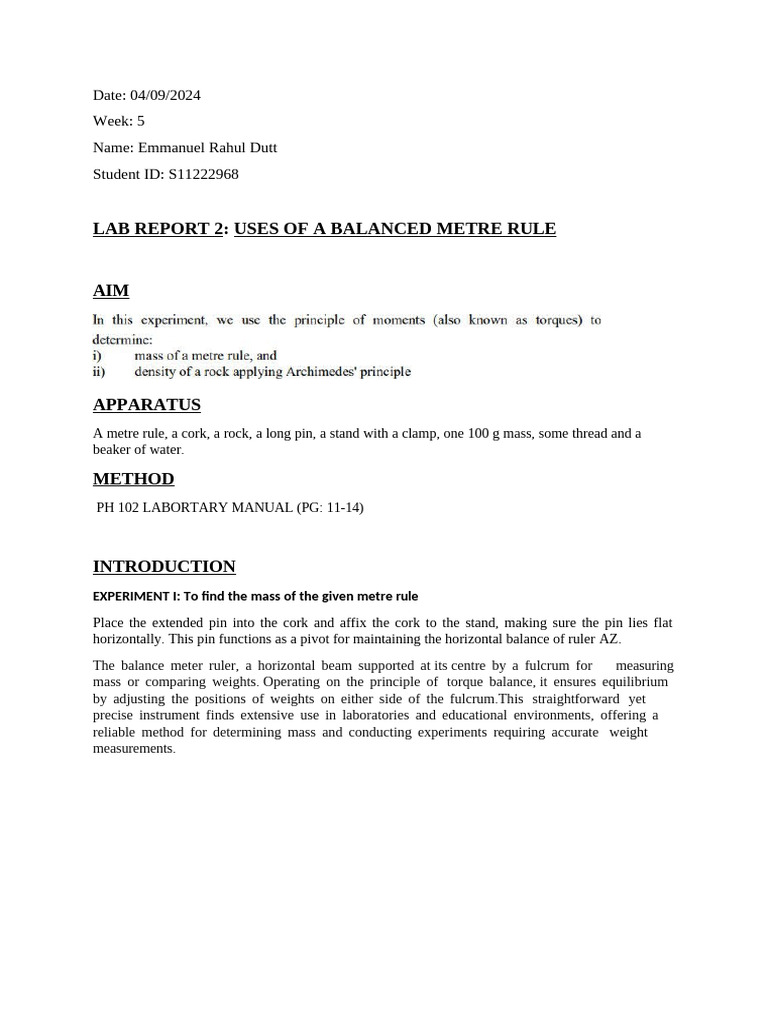 Uses of a Balanced Metre Rule in Labs | PDF | Weight | Mass