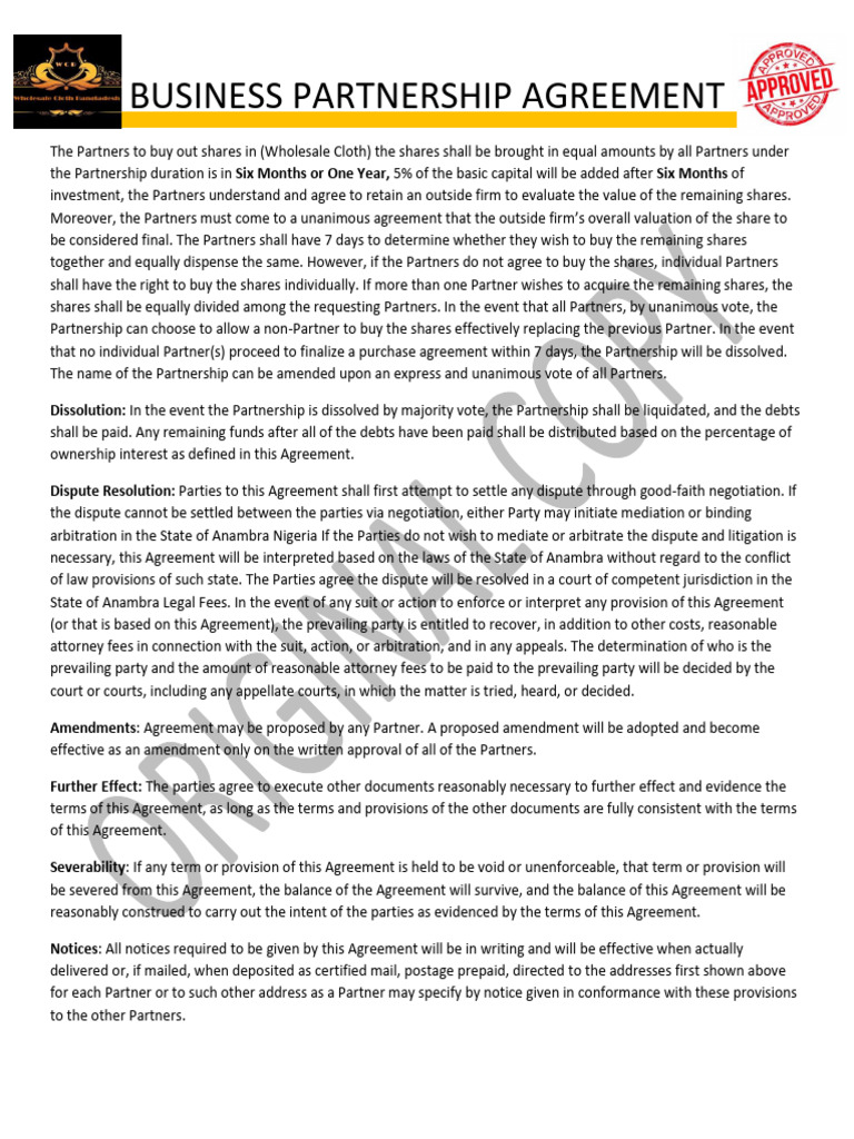 Business Partnership Agreement 1 | PDF | Partnership | Lawsuit