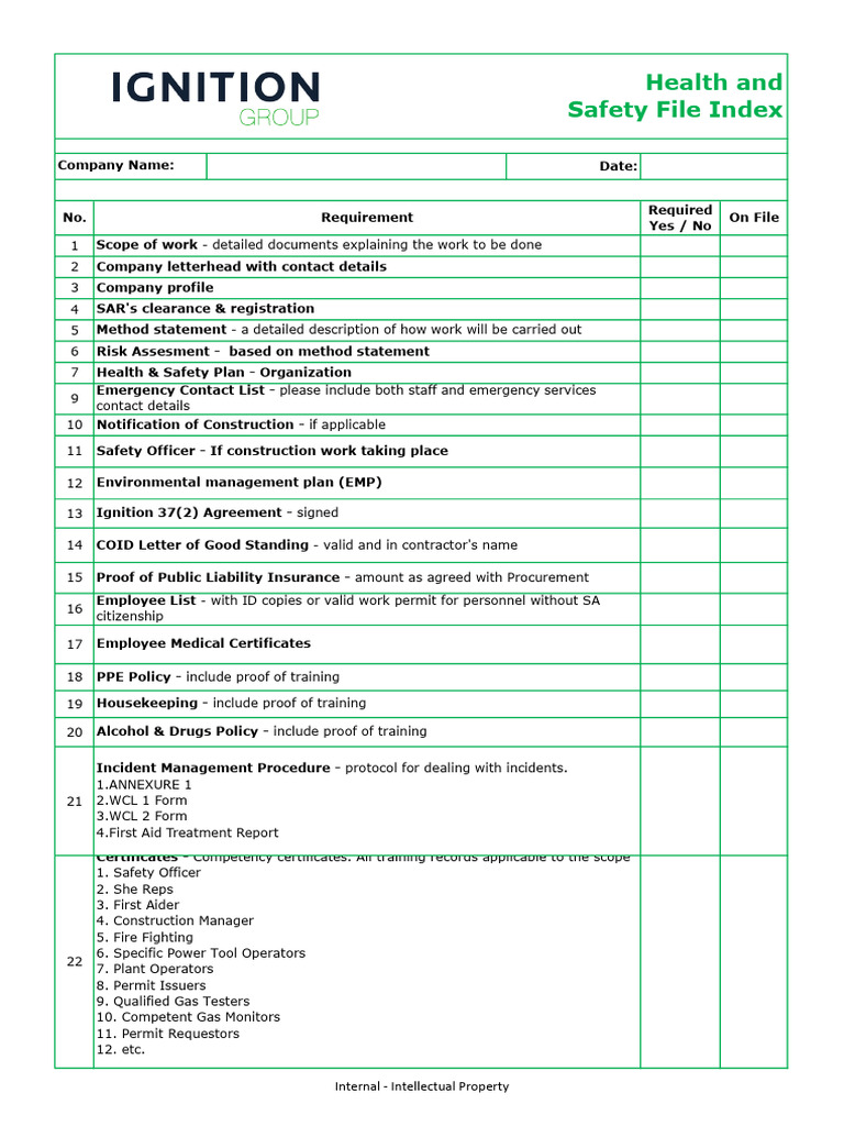 Construction Safety File Index Template | PDF | Occupational Safety And ...