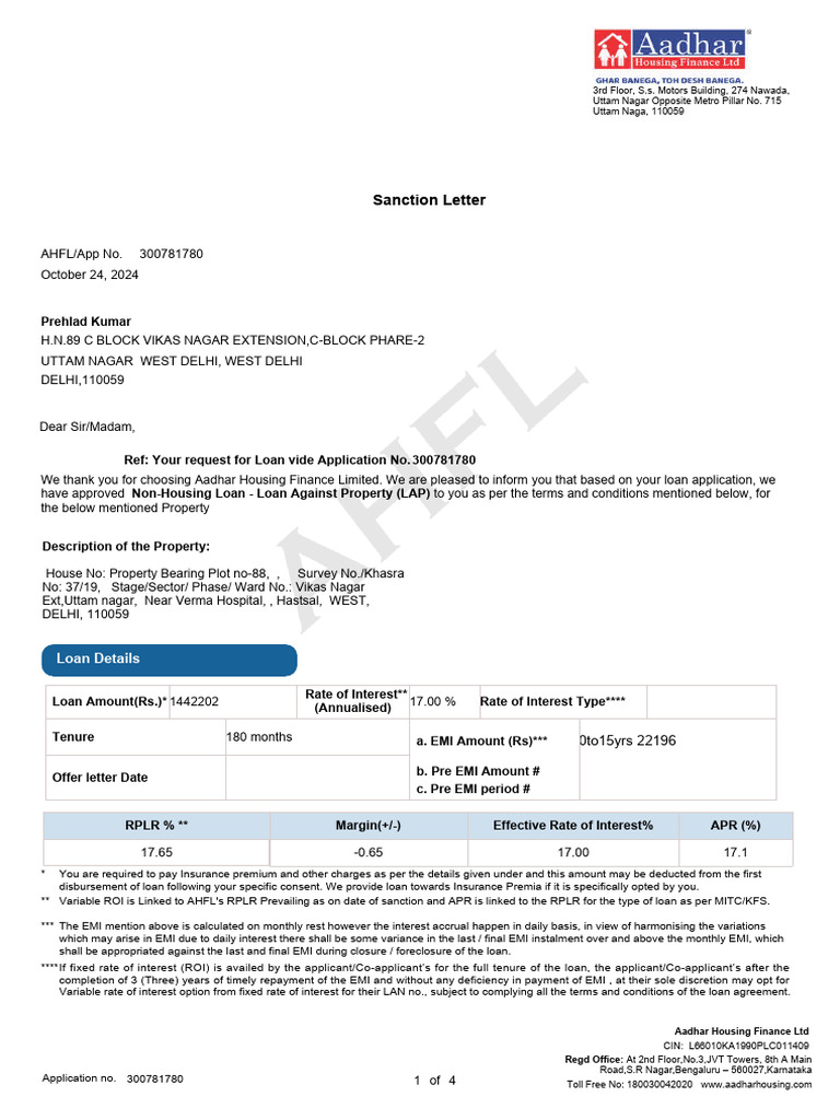 Ahfl Sanction 101 129272957 24102024 14 10 18 1018 | PDF | Loans ...