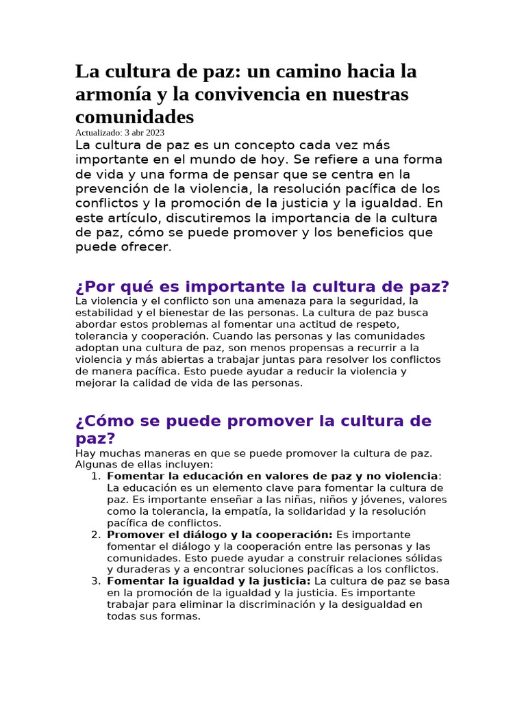 La Cultura de Paz | PDF | Igualdad social | Paz