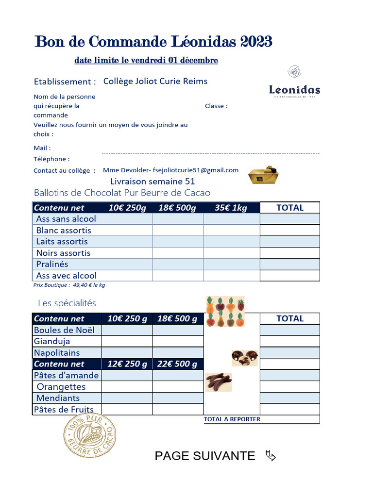 Bon de Commande Léonidas 2023 | PDF | Confiserie de sucre | Cuisine ...