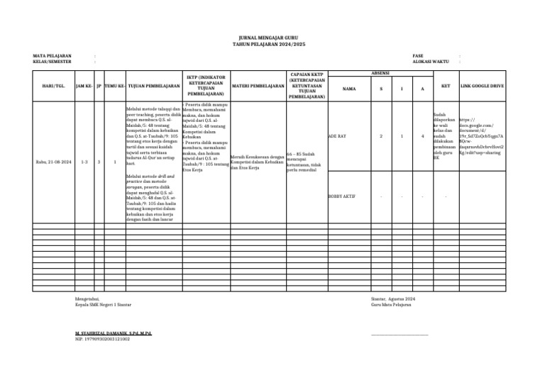 Jurnal Mengajar Guru 2024/2025 | PDF