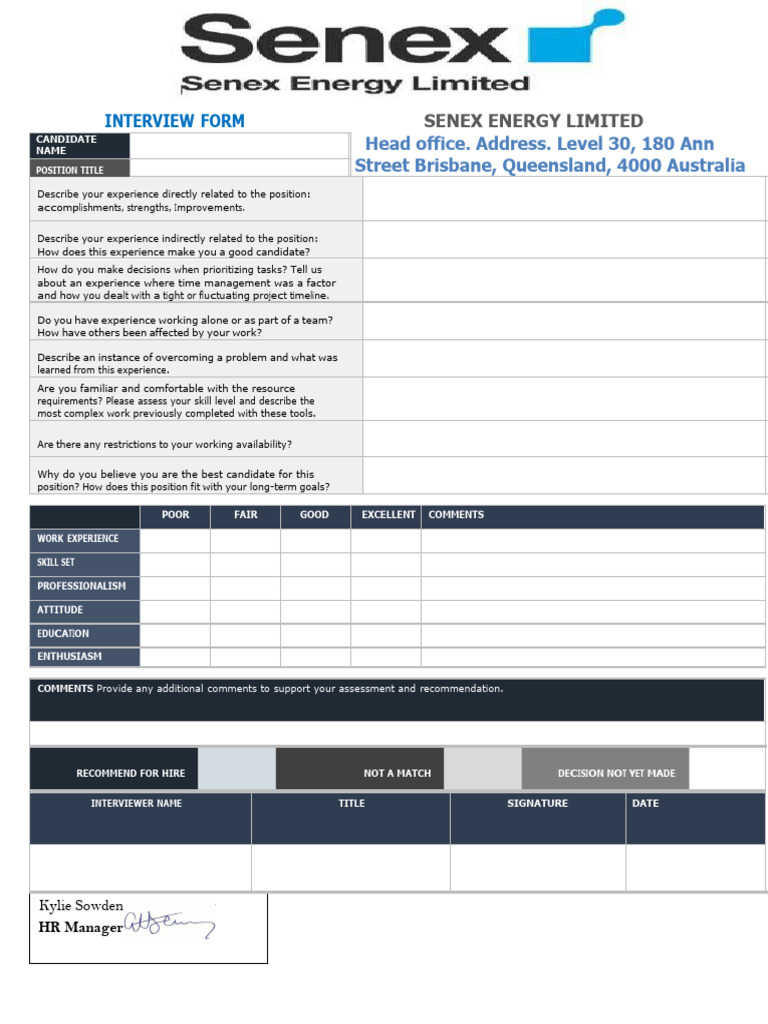 Senex Energy Interview Assessment Form Pdf Career Growth