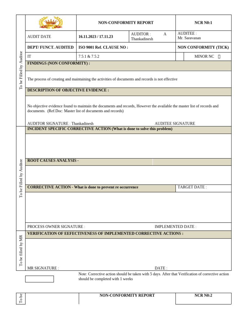 ISO 9001 Non-Conformity Report Template | PDF | Audit | Accounting
