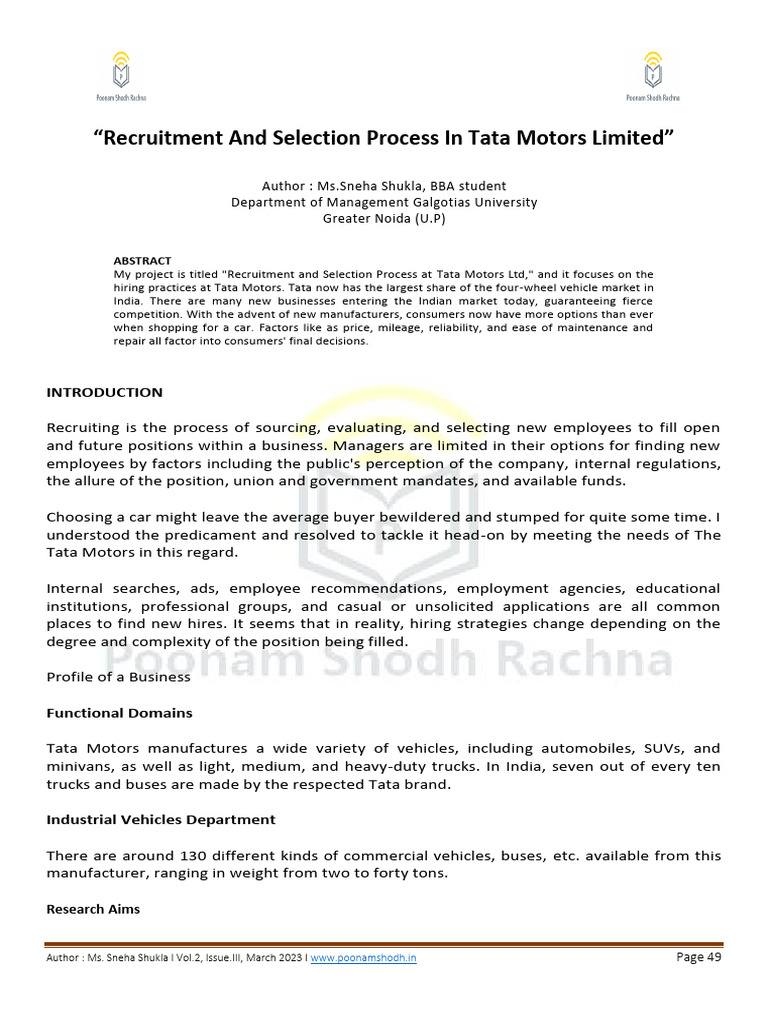 Tata Motors Recruitment Process Analysis | PDF | Recruitment | Employment