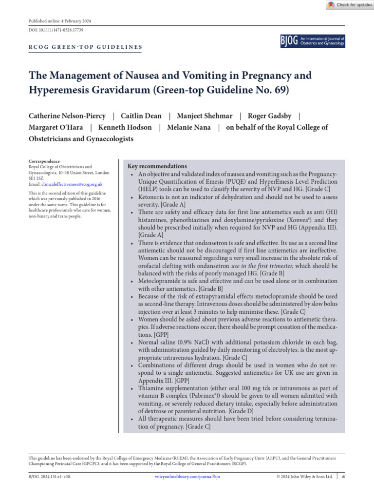 BJOG 2024 Nelson‐Piercy The Management of Nausea and Vomiting in