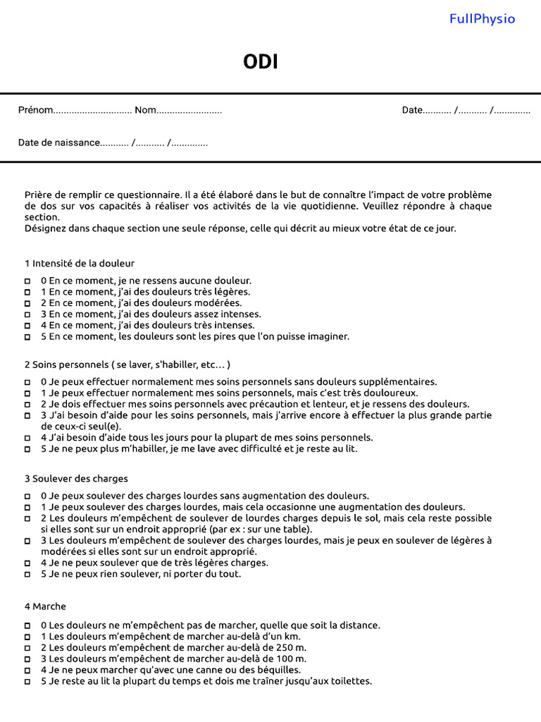 Questionnaire ODI sur la douleur lombaire | PDF | Sommeil | Psychométrie