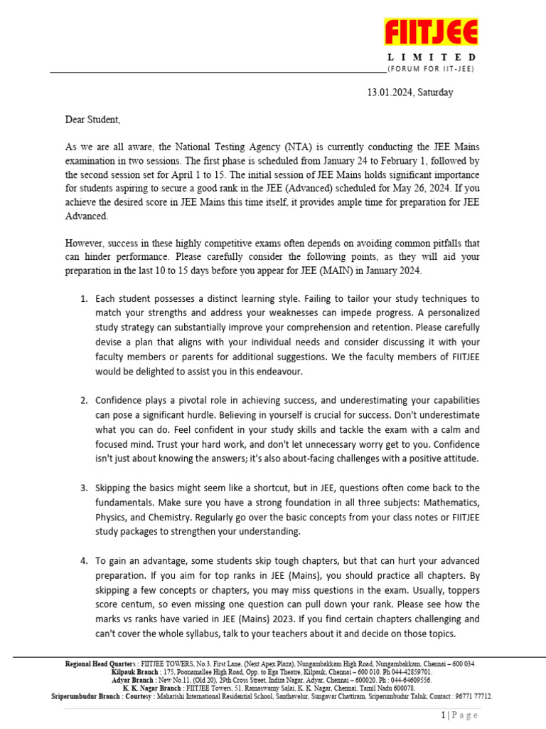 JEE Main 2024 letter to students2 PDF Relaxation (Psychology