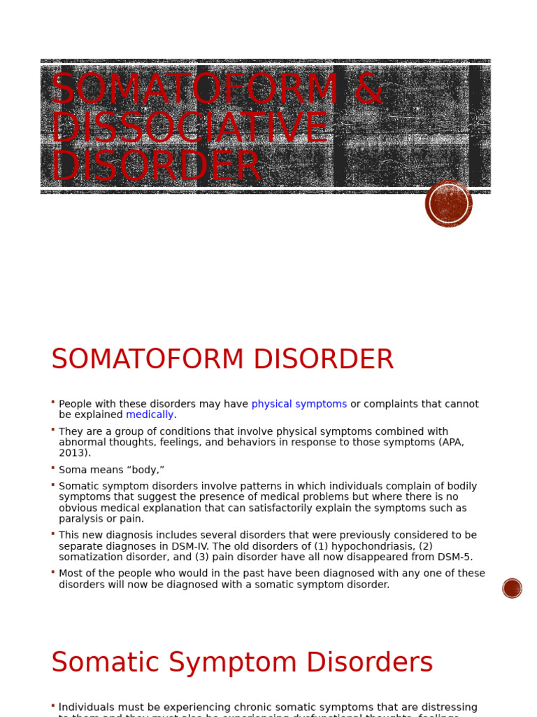 Somatoform & Dissociative Disorder | PDF | Dissociation (Psychology ...