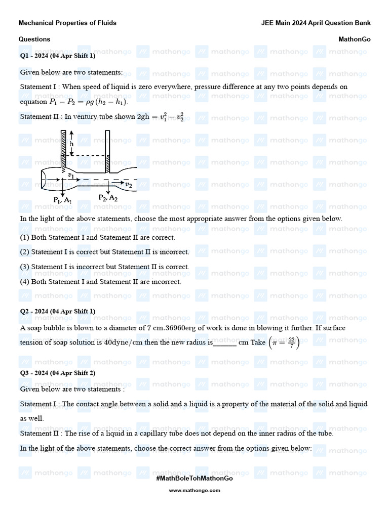 JEE Main 2024 Fluid Mechanics Questions | PDF | Pressure | Drop (Liquid)