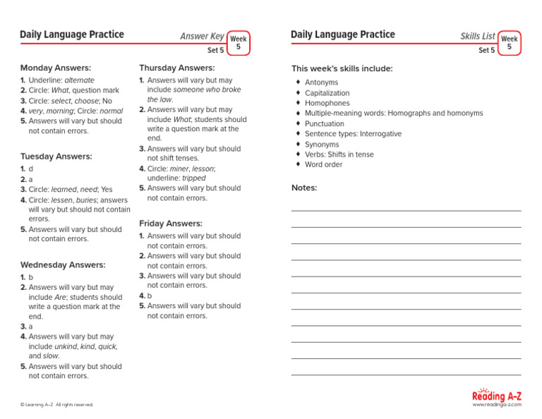 Weekly Language Practice Answers | PDF | Question | Grammar