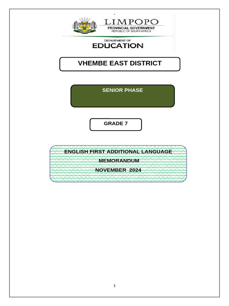 Grade 7 Exam English 2024 Memorandum | PDF | Bullying | Sentence ...