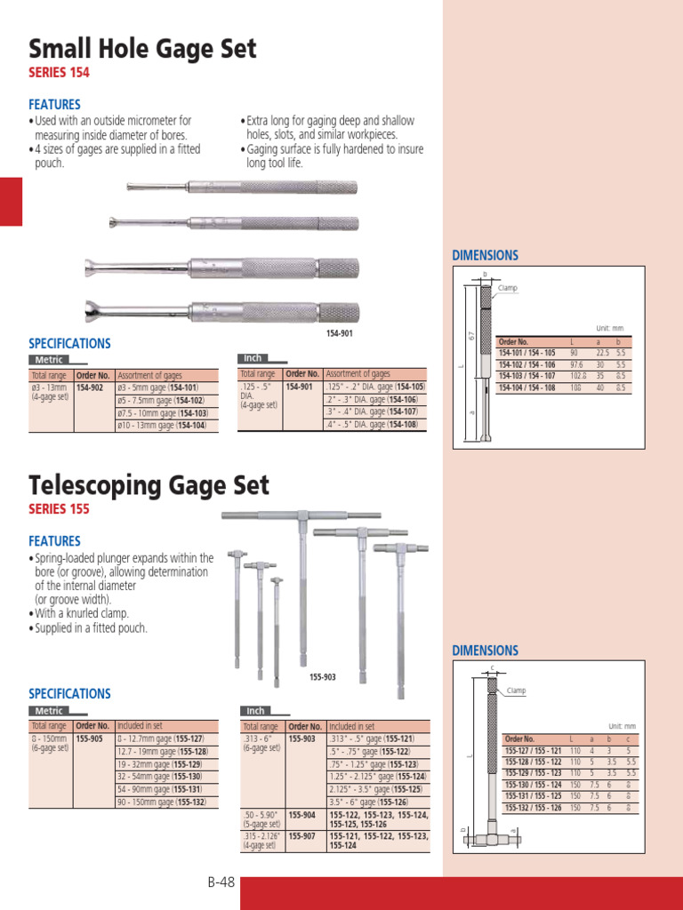 Mitutoyo 155-905, juego de calibradores telescópicos de 8 mm a 150 mm, 6 piezas