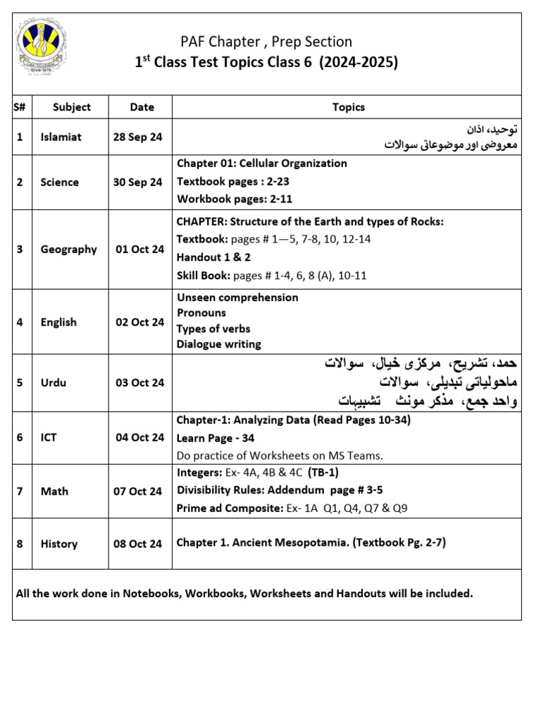 Class 6 Test Topics 2024-2025 Guide | PDF