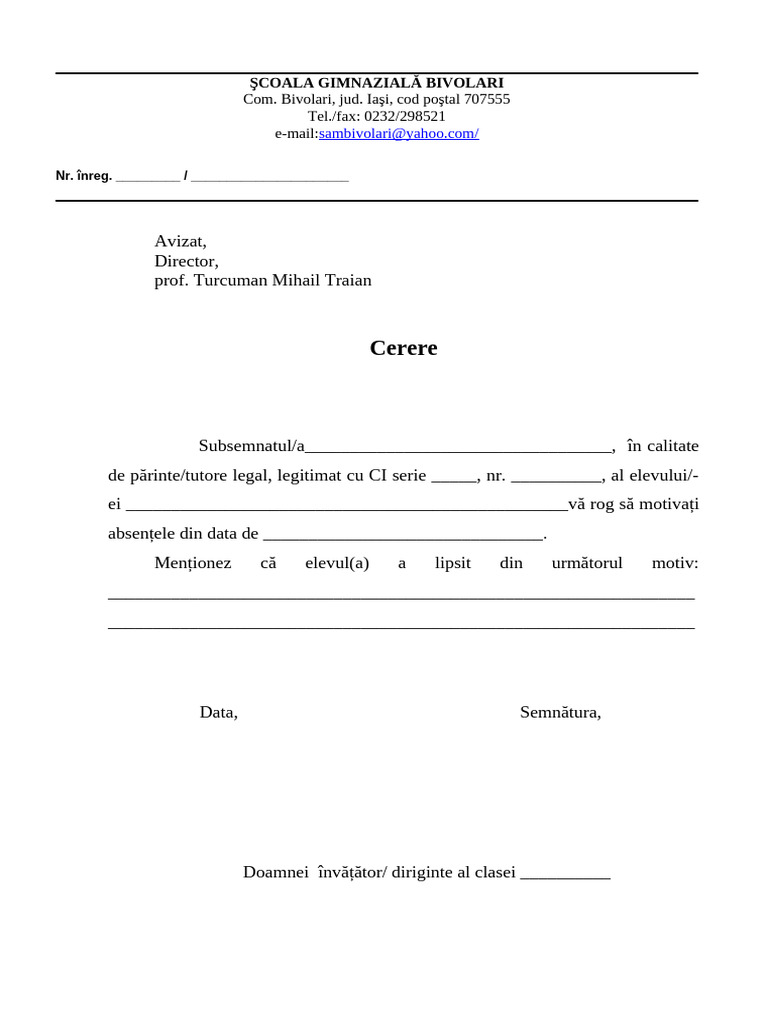 Model Cerere Invoire Elevi | PDF