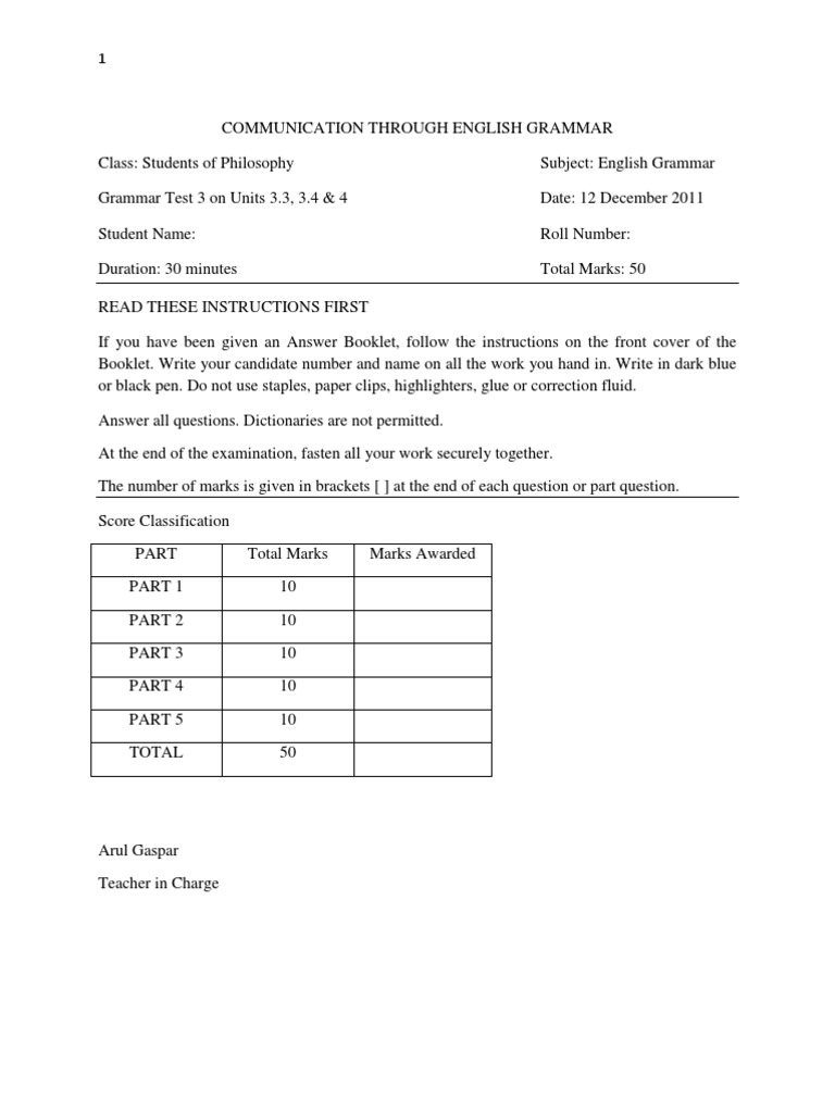 Class 6 English Grammar Test 3 | PDF | English Grammar | Pronoun