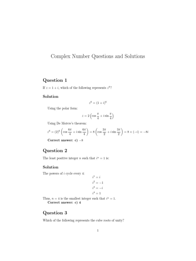 Complex Number Questions and Solutions: Solution | PDF | Complex Number ...