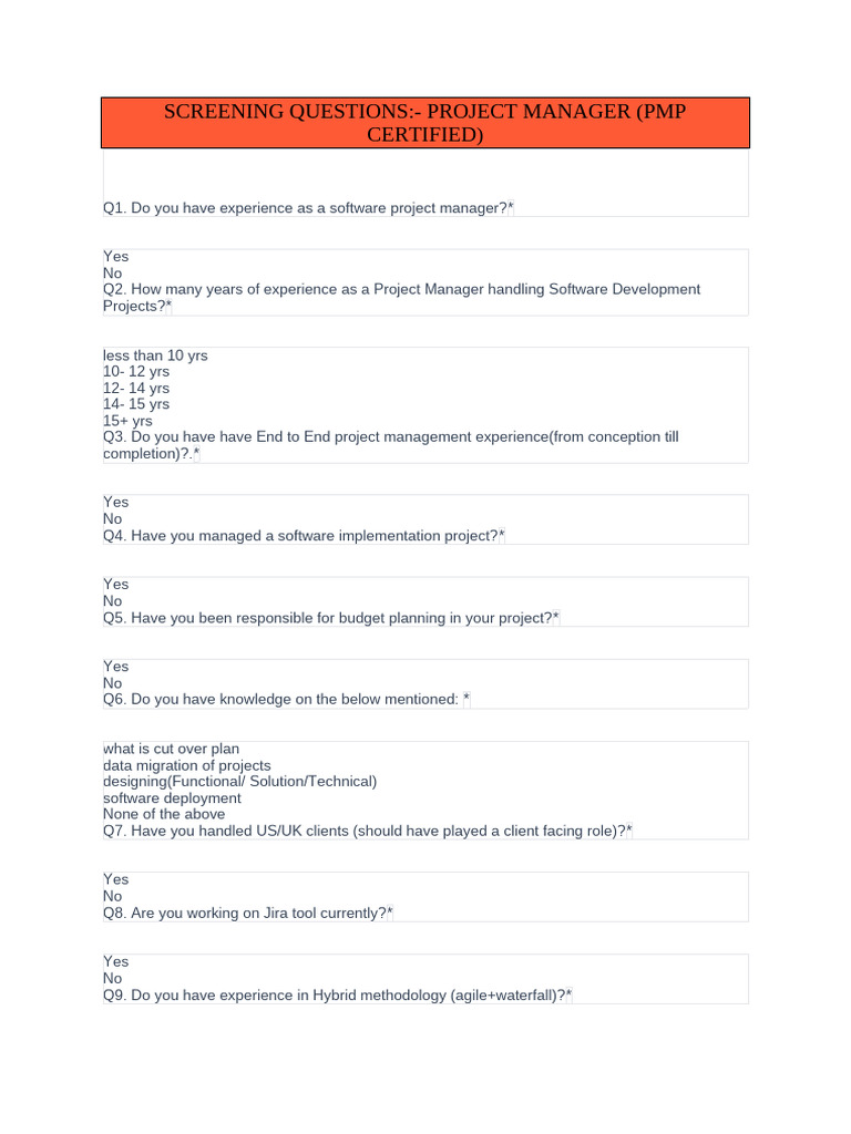 Project Manager Screening Questionnaire | PDF | Business