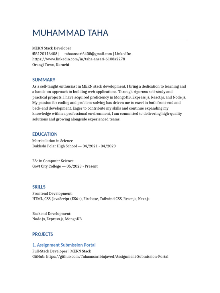 Enhanced Resume Muhammad Taha | PDF | Java Script | World Wide Web
