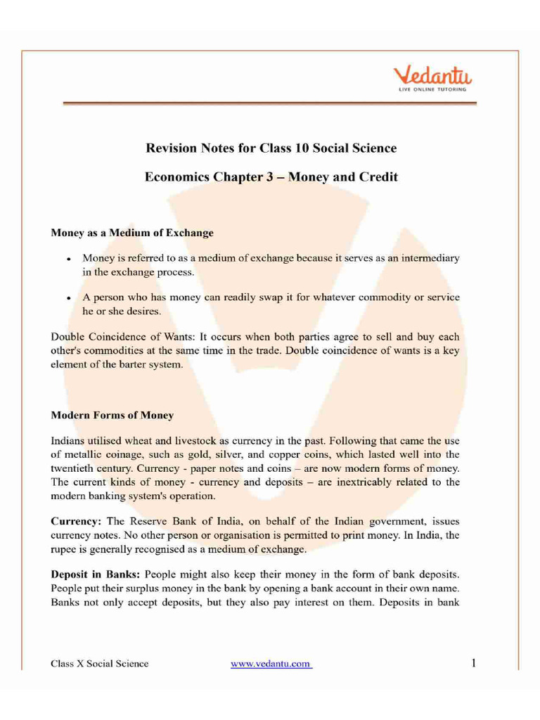 Economics Chapter 3 Money And Credit Class 10 Notes Free Pdf Pdf