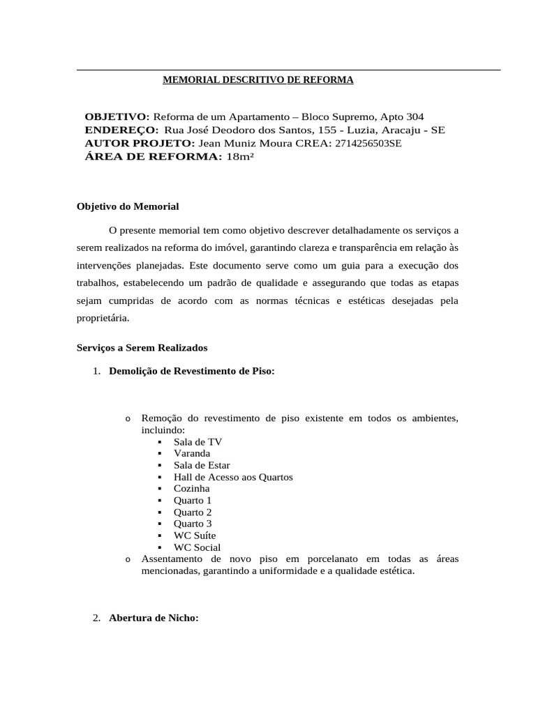 Memorial Descritivo de Reforma Apto 304 | PDF | Tecnologia e Engenharia