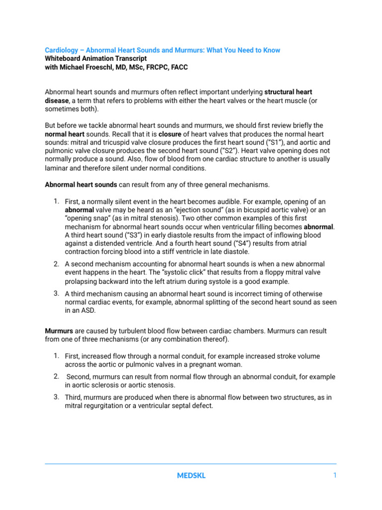 Cardiology - Abnormal Heart Sounds and Murmurs - WB Animation ...