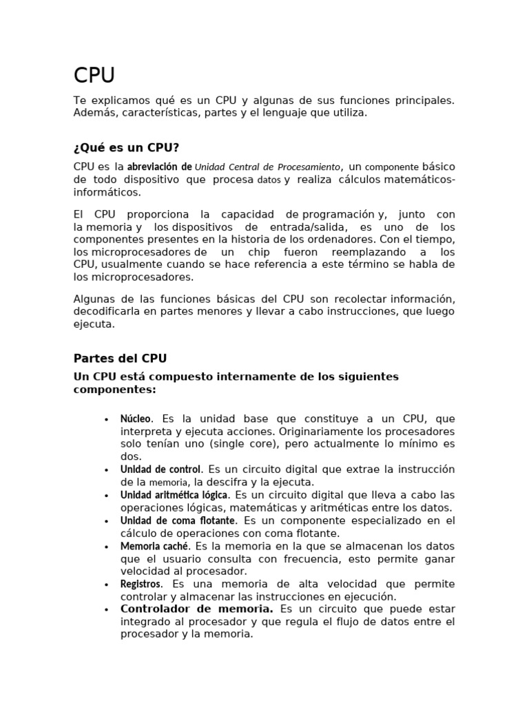¿Qué Es Un CPU?: Abreviación de | PDF | Unidad Central de procesamiento ...