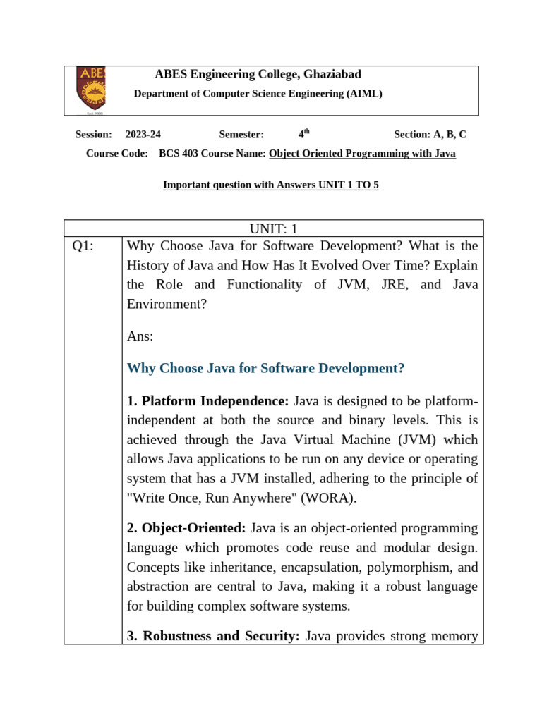 Important Question With Answers UNIT 1 To 5 | PDF | Java (Programming ...