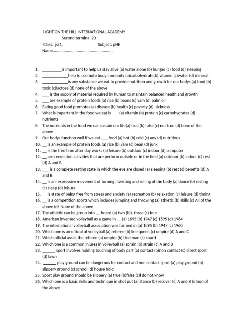 Phe for jss1 third term pdf foods nutrition