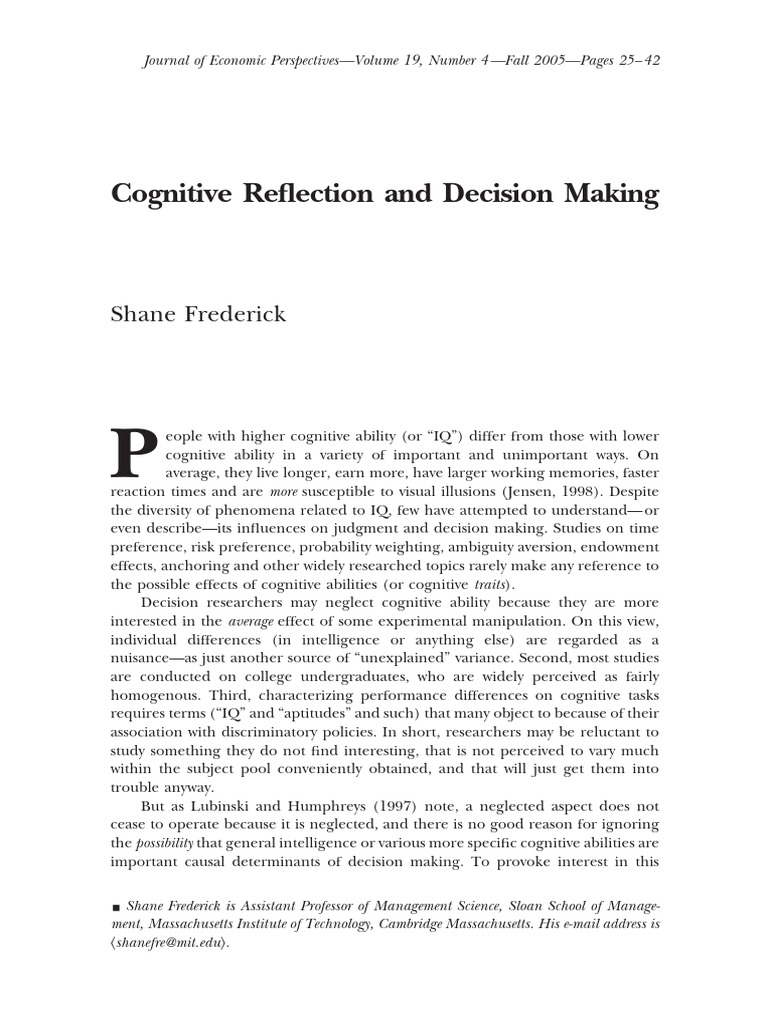 Frederick 2006 Cognitive Reflection and Decision Making | PDF | Sat | Risk