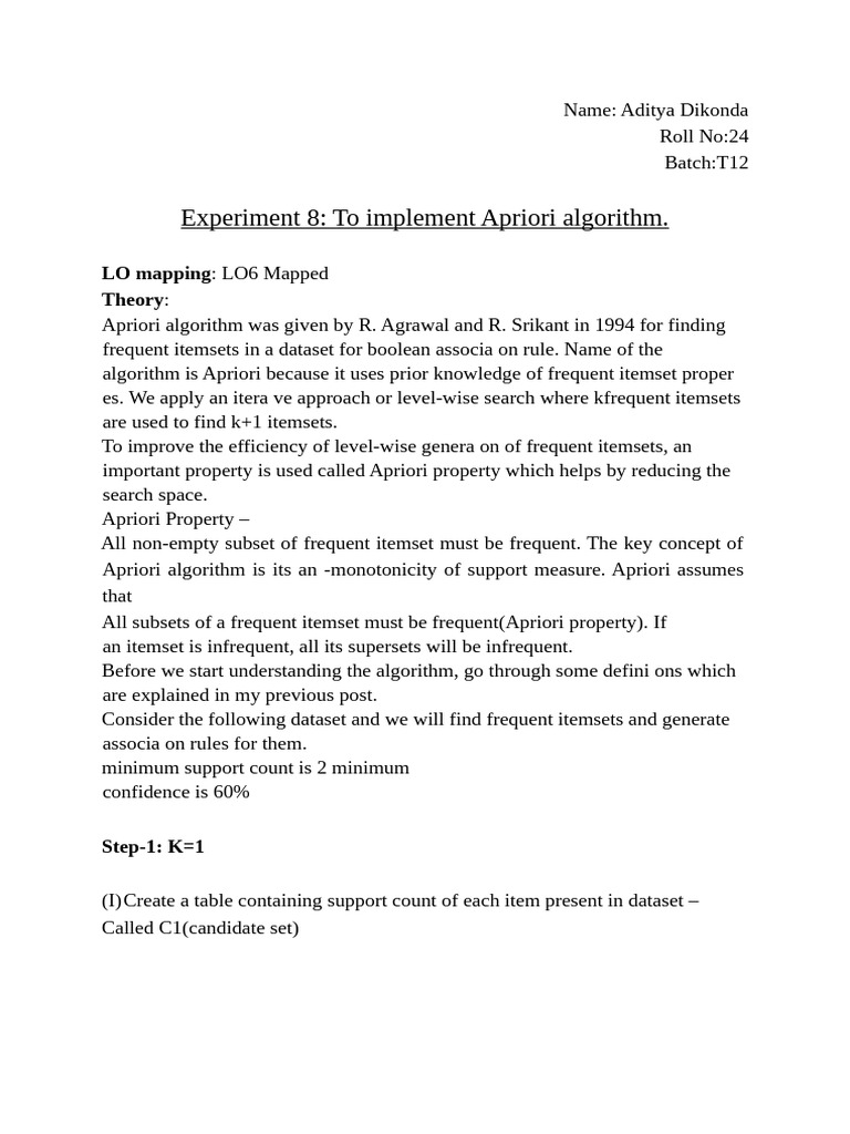 Apriori Algorithm Implementation Guide | PDF | Data Analysis | Algorithms