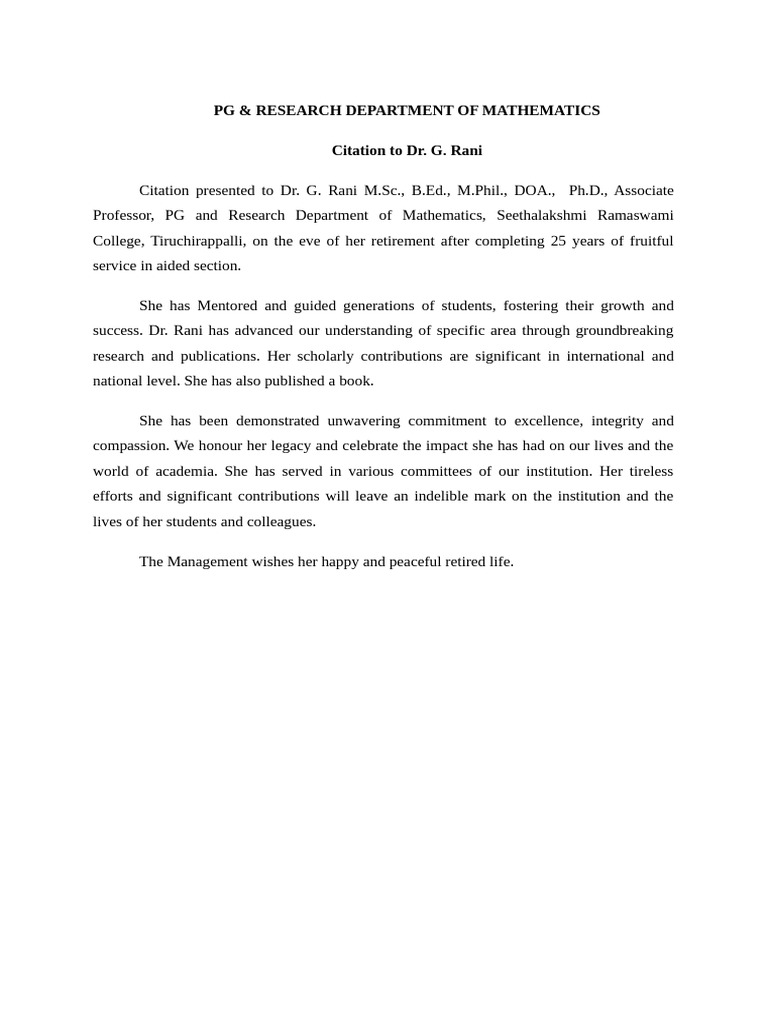 Citation To Dr. G. Rani | PDF | Career & Growth | Self-Improvement